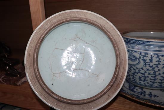 An 18th century Chinese blue and white charger and a 19th century Chinese blue and white soup bowl and cover charger diameter 35cm